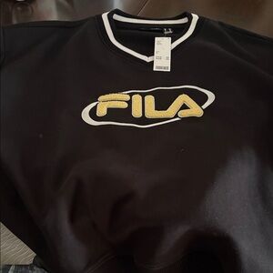 FILA X Hailey Black Crewneck Sweatshirt with Yellow Logo and White Trim